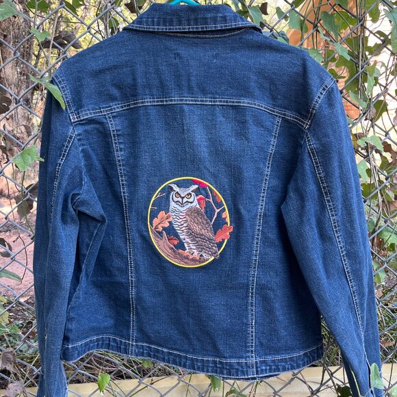 Owl  Live A Little  Blue Denim Jean Jacket  Petite XL  PXL   Custom Embroidered - Picture 1 of 4
